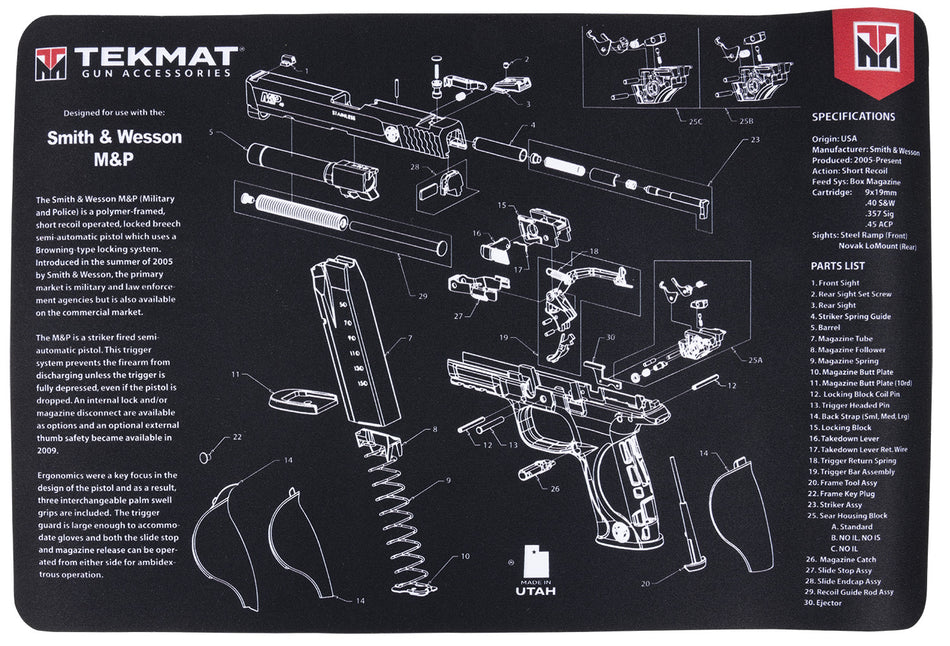 TekMat TEKR17SWMP Smith & Wesson M&P Cleaning Mat 11"x17" Black/Gray Rubber