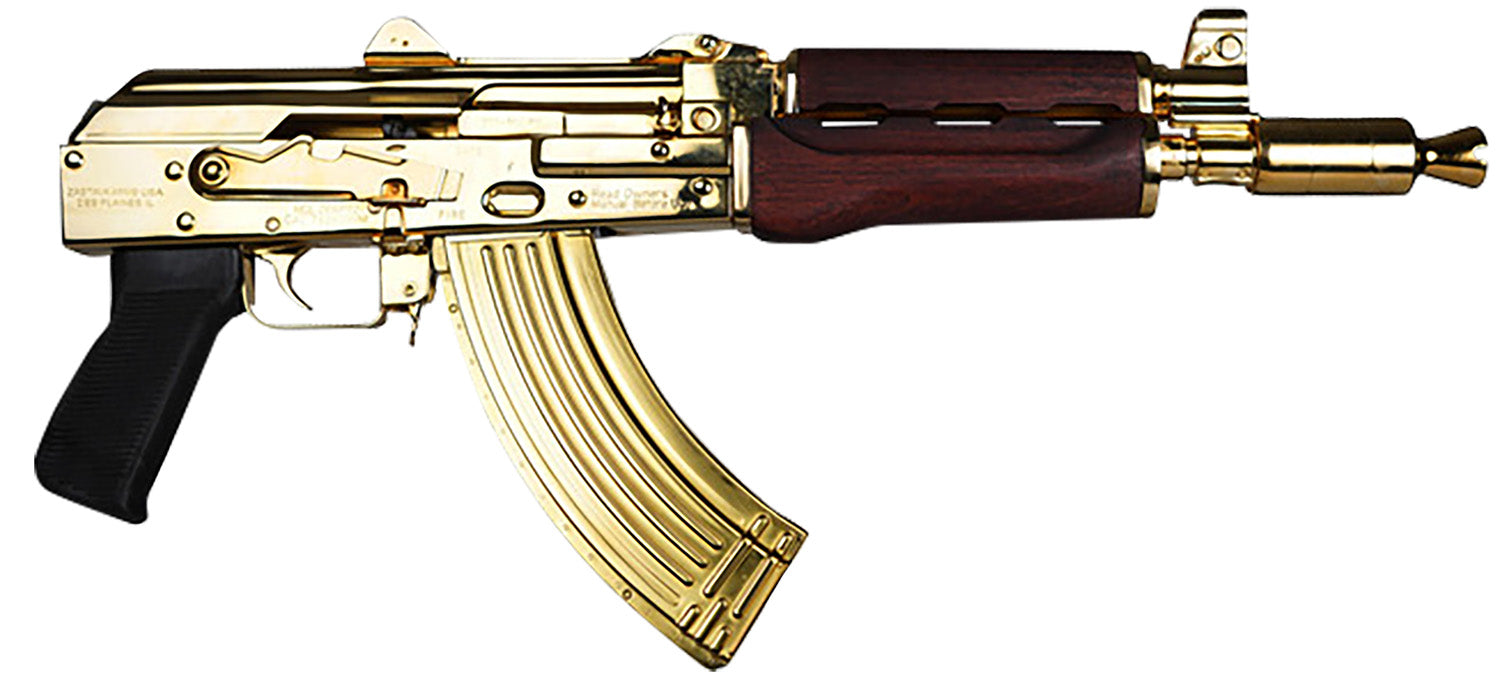 Zastava Arms USA ZP92762SRGL ZPAP 92 7.62x39mm Pistol, 30+1, 10in, 24K Gold Plated Cold Hammer Forged Chrome-Lined Barrel, Gold Plated Steel Receiver, Serbian Red Wood Grips