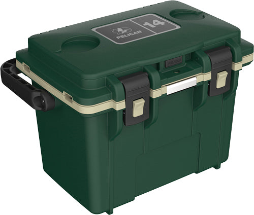 Pelican 14Qt Cooler Hunter Green Tan with Dry Storage