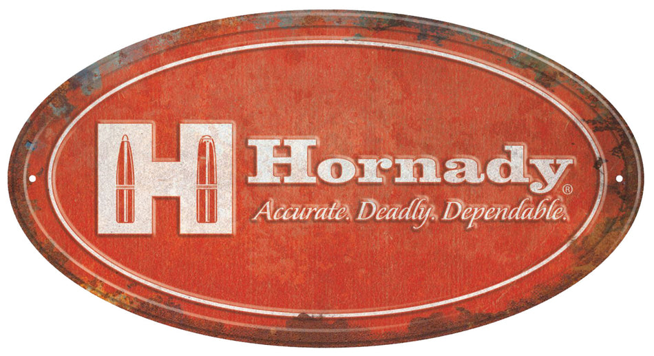 Hornady Oval Tin Sign Rustic Red White Aluminum 12" x 18"