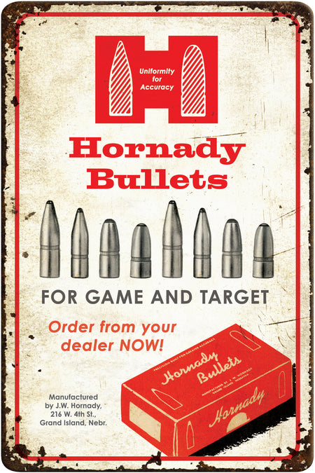 Hornady Bullets Rustic Red White Tin Sign Aluminum 12x18