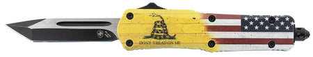 Templar Knife S-DTOM-23-1 Gen II Don't Tread On Me Small OTF Plain 440C Blade, 4.25" Yellow Flag Aluminum Handle, Glass Breaker