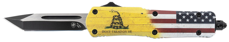 Templar Knife S-DTOM-23-1 Gen II Don't Tread On Me Small OTF Plain 440C Blade, 4.25" Yellow Flag Aluminum Handle, Glass Breaker