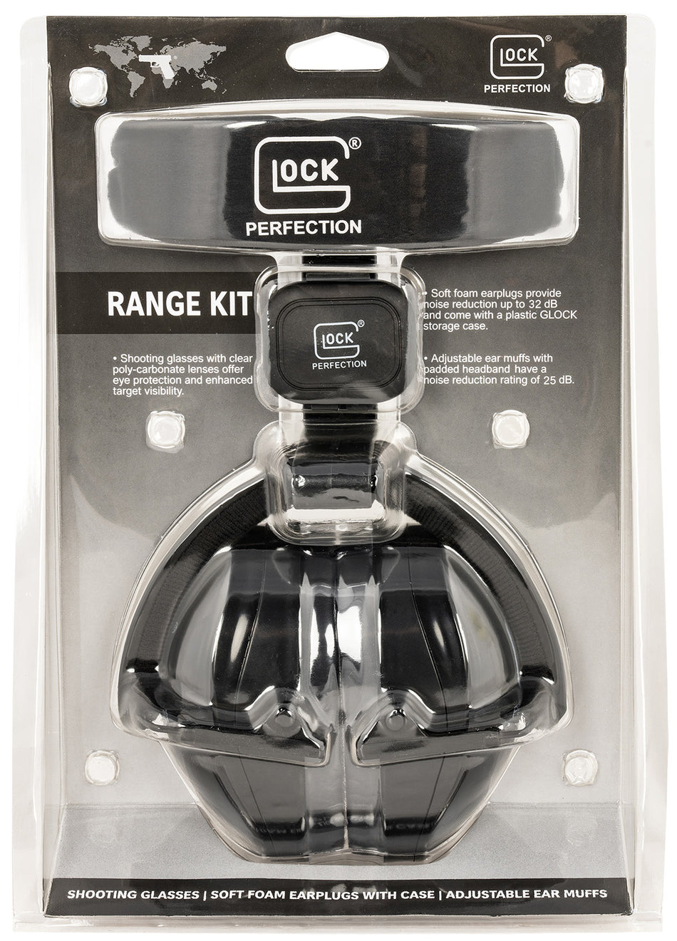 Glock Range Kit AP60220 Padded Earmuff 25 dB, Foam Ear Plugs 32 dB, Shooter Glasses with Carry Pouch