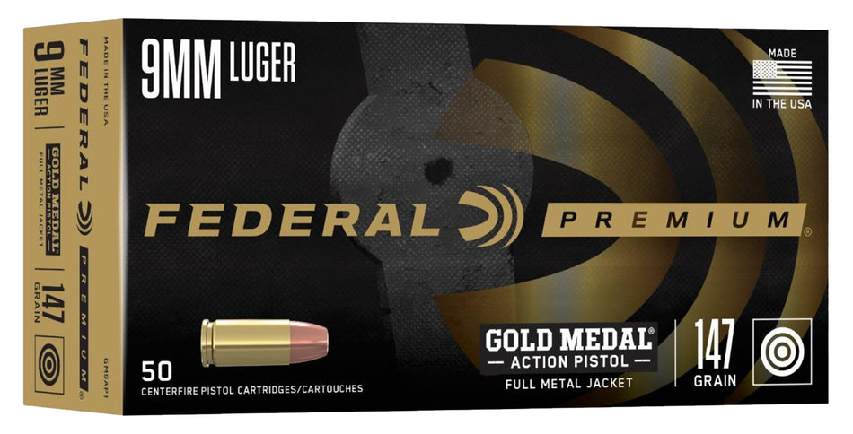 Federal 9mm Luger/Parabellum GM9AP1 Gold Medal Premium Full Metal Jacket FMJ 147 Grain
