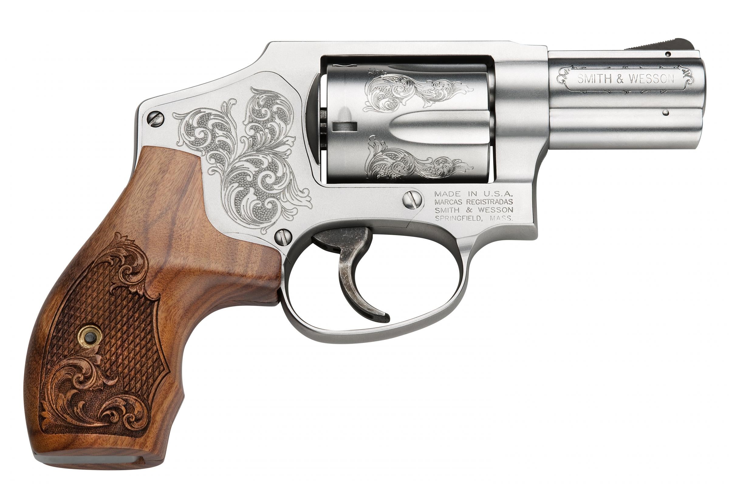 Smith & Wesson 150784 Model 640 *CA Compliant 357 Mag 2.13" Stainless Engraved Barrel , 5rd Stainless Engraved Cylinder, Matte Silver Stainless Steel Engraved J Frame , Wood Engraved Grip