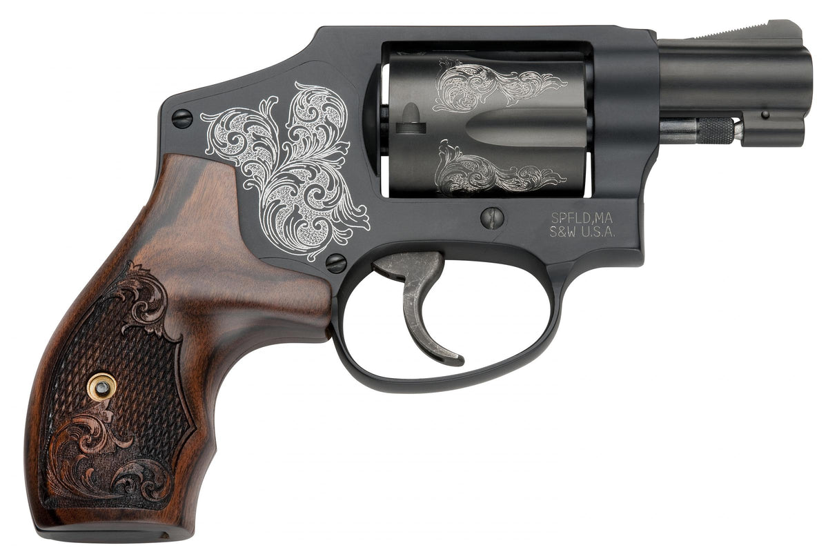 Smith & Wesson 150785 Model 442 38 S&W Spl +P 5 Shot 1.88" Engraved Black Carbon Steel Barrel/Cylinder, Engraved Black Aluminum J-Frame, Engraved Wood Grip, Mahogany Presentation Case