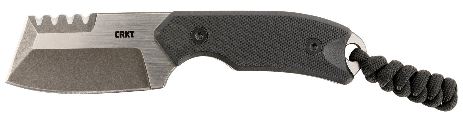 CRKT Razel Compact Fixed Blade Knife 2.32" Brushed Stonewashed D2 Steel Blade with Top Veff Serrations Black G10 Handle and Sheath
