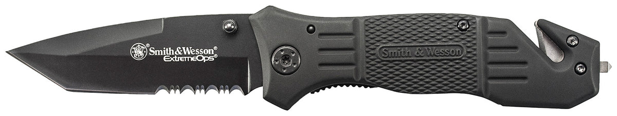 Smith & Wesson Extreme Ops SWFR2SCP Folding Tanto Knife 3.30" Partially Serrated SS Blade 4.70" Black Handle Strap Cutter