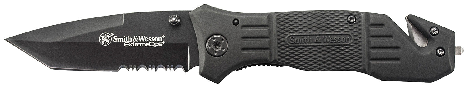 Smith & Wesson Extreme Ops SWFR2SCP Folding Tanto Knife 3.30" Partially Serrated SS Blade 4.70" Black Handle Strap Cutter