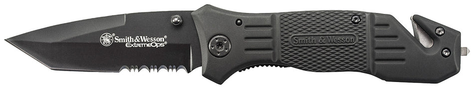 Smith & Wesson Extreme Ops SWFR2SCP Folding Tanto Knife 3.30" Partially Serrated SS Blade 4.70" Black Handle Strap Cutter