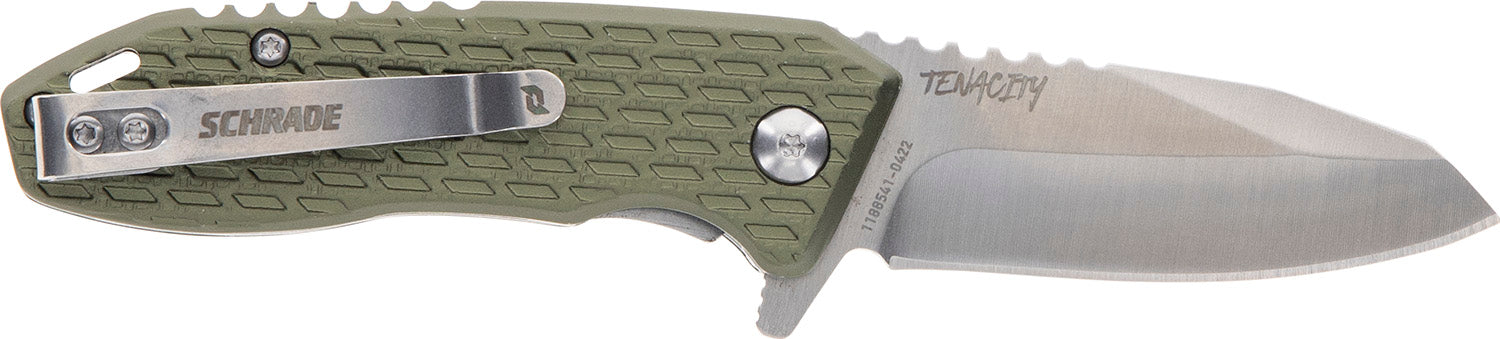 Schrade 1159317 Tenacity Folder Modified Drop Point Partially Serrated Satin AUS-10A Stainless Blade Green Aluminum Handle