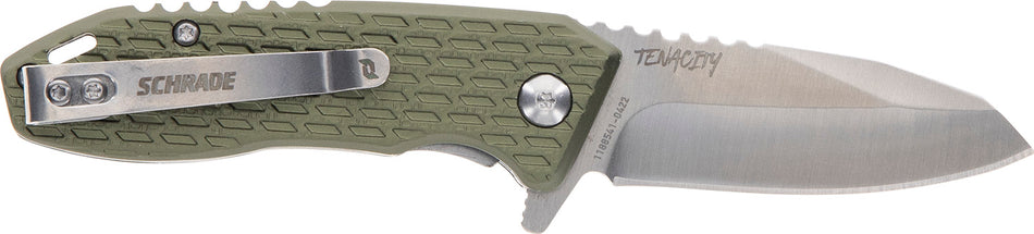 Schrade 1159317 Tenacity Folder Modified Drop Point Partially Serrated Satin AUS-10A Stainless Blade Green Aluminum Handle