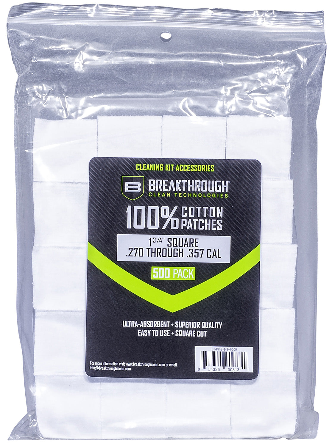 Breakthrough Clean 270/357 Cal 1.75" Square Cleaning Patches 500 Pieces BTCPS134500