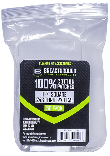 Breakthrough Clean 243/270 Cal 1.5" Square Cleaning Patches 50 Pieces BTCPS11250