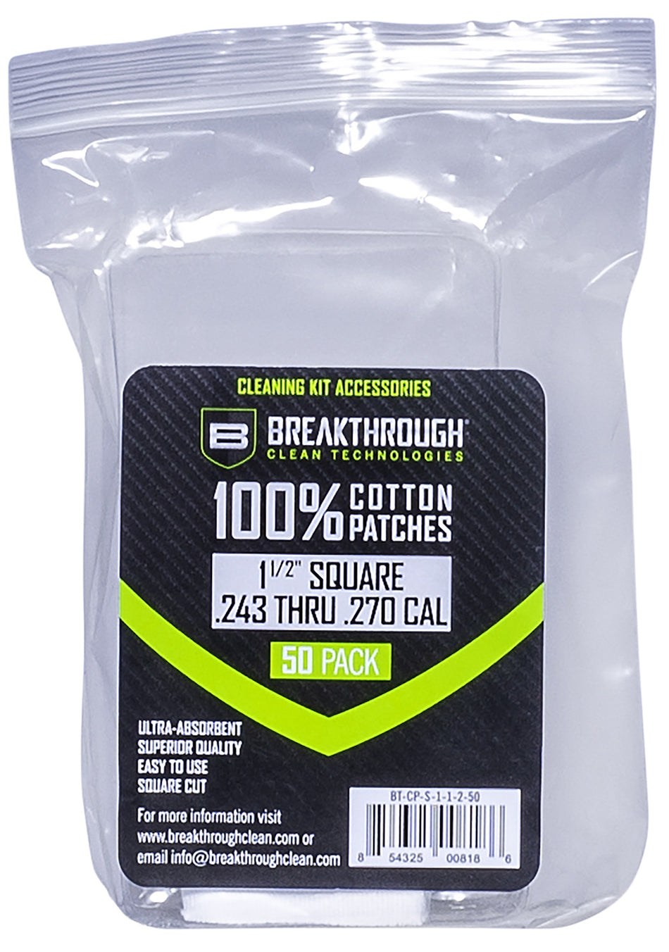 Breakthrough Clean 243/270 Cal 1.5" Square Cleaning Patches 50 Pieces BTCPS11250