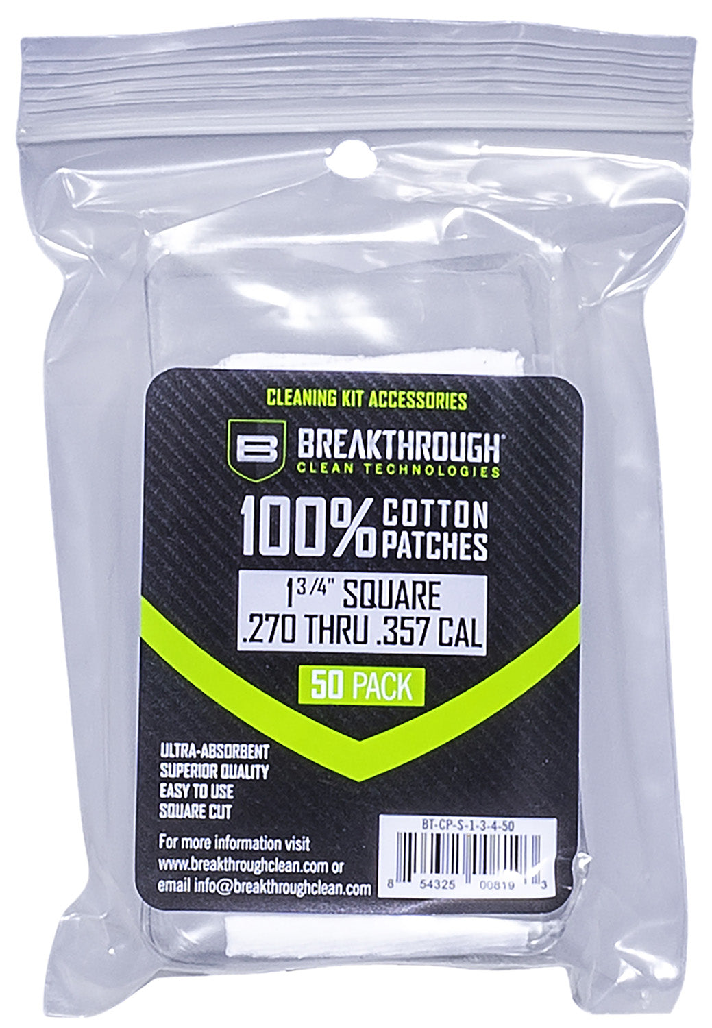 Breakthrough Clean 270/357 Cal 1.75" Square Cleaning Patches 50 Pieces BTCPS13450