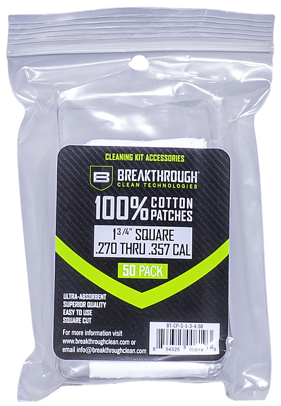 Breakthrough Clean 270/357 Cal 1.75" Square Cleaning Patches 50 Pieces BTCPS13450