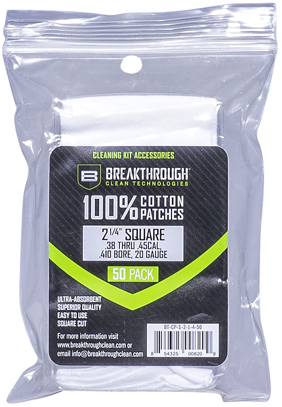 Breakthrough Clean .38-.45 Cal/.410-20 Gauge 2.25" Square Cleaning Patches 50 Pieces BTCPS21450