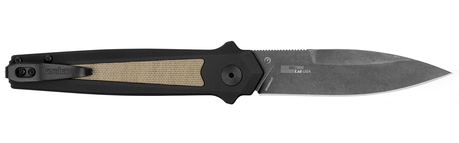 Kershaw Launch 15 3.50" Automatic Spear Point CPM MagnaCut Blackwash Blade, Black Anodized Aluminum Handle with Tan Micarta Inlays & Pocket Clip