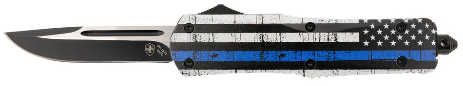 Templar Knife Gen II Back The Blue Large 3.50" OTF Drop Point Stonewashed 440C SS Blade, Black & White w/Blue Line Handle