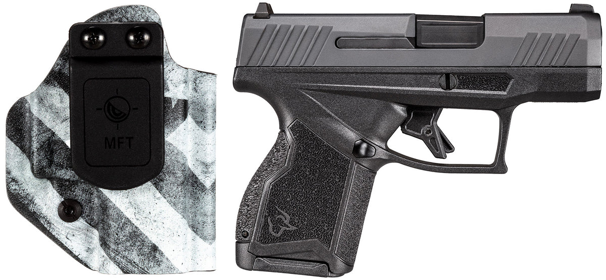 Taurus 1-GX4M931-CK7 GX4 9mm Luger 11+1 3.06" Satin Black DLC Steel Barrel, Black Nitride Serrated Slide, Black Polymer Frame w/ Interchangeable Backstrap Grips Includes B&W US Flag Holster