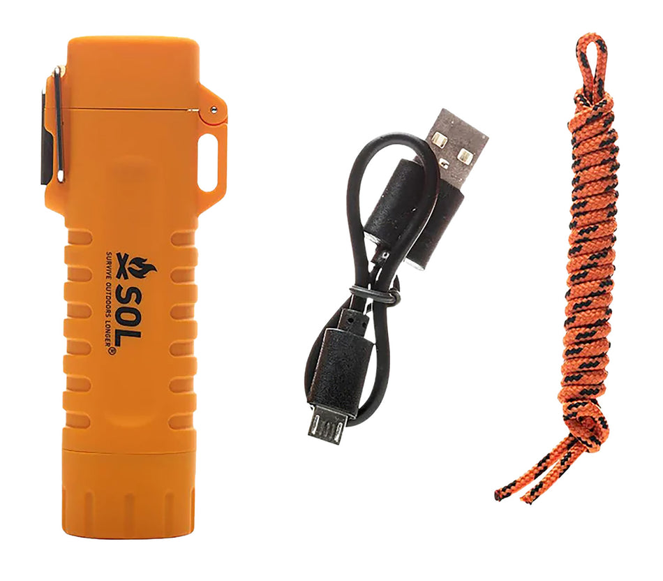 SOL 01401243 Fire Lite Electric Fuel-Free Lighter Orange with LED and Paracord Lanyard