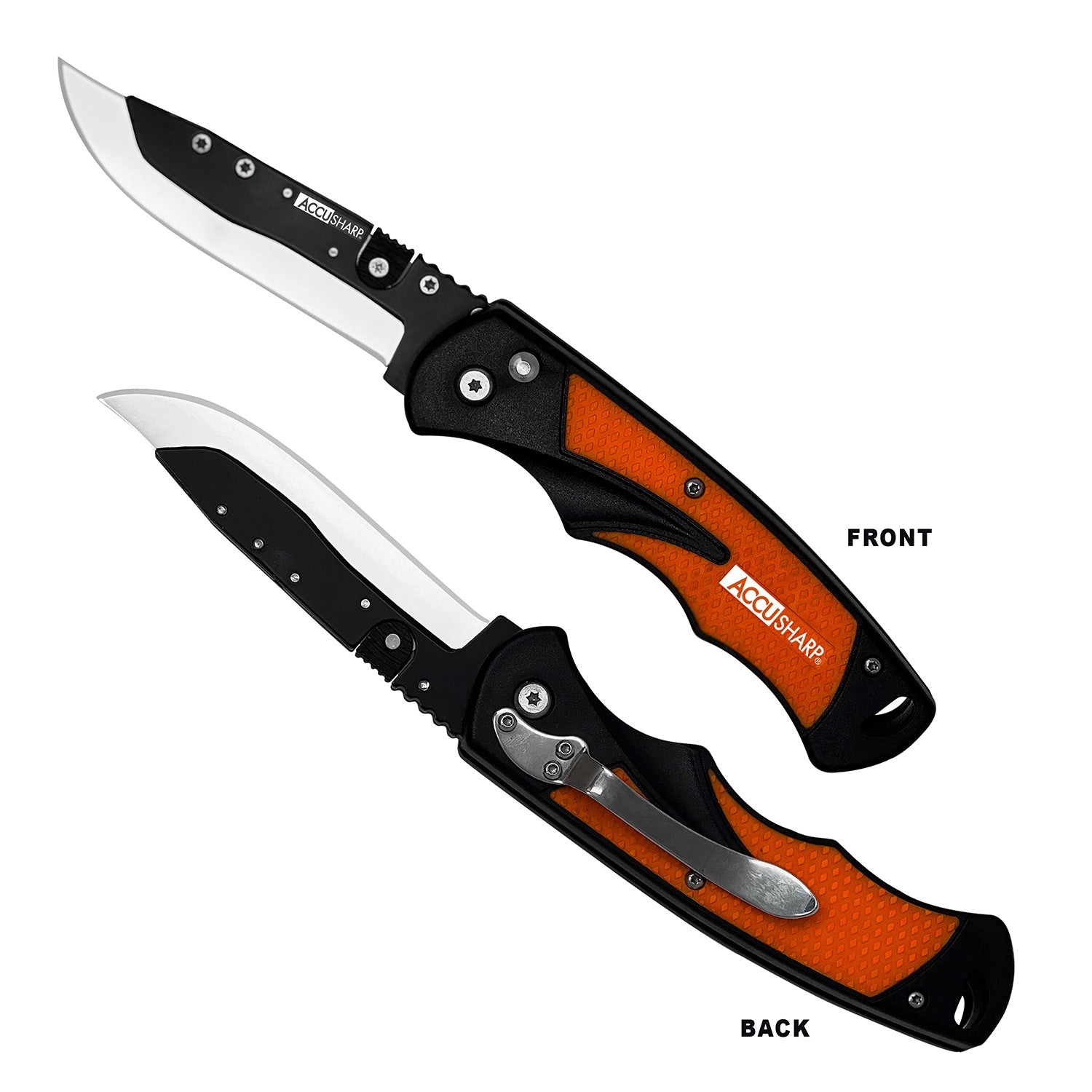 AccuSharp 741C 3.50" Folding Razor Knife Blaze Orange Handle - Quick-Release Blade, 2 Replacement Blades & Belt Clip