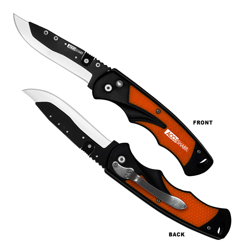 AccuSharp 741C 3.50" Folding Razor Knife Blaze Orange Handle - Quick-Release Blade, 2 Replacement Blades & Belt Clip