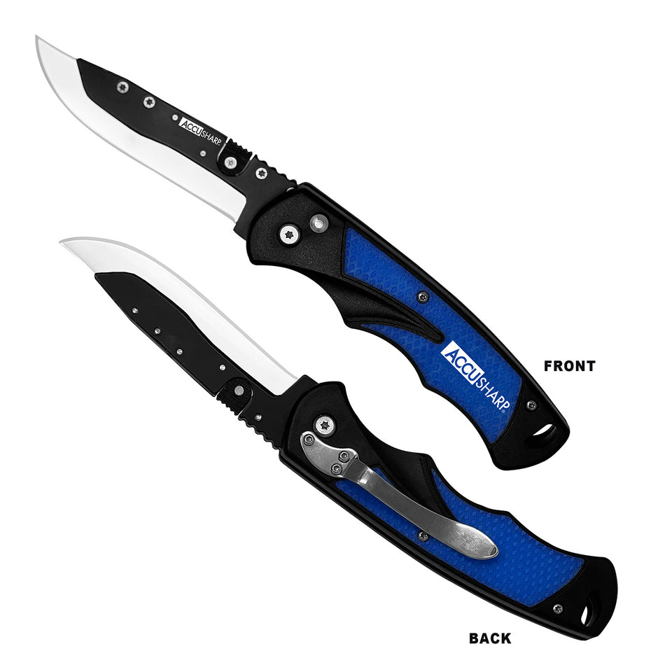 AccuSharp 743C 3.50" Folding Razor Knife Royal Blue Handle - Quick-Release Blade, 2 Replacement Blades & Belt Clip