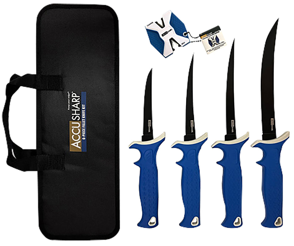 AccuSharp 737C Fillet Knife Set 4.75/5.50/6.50/8" Satin Stainless/Titanium Coated Blades - Blue Non-Slip TPR Handles & Carry Case