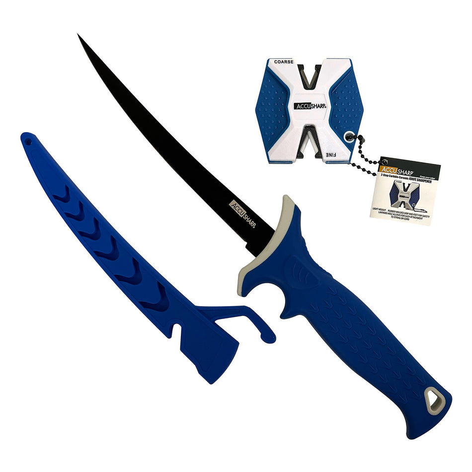 AccuSharp 736C Fillet Knife w/Sharpener 6.50" Fixed Plain Titanium-Coated Stainless Blade - Royal Blue Ergonomic Rubber Handle