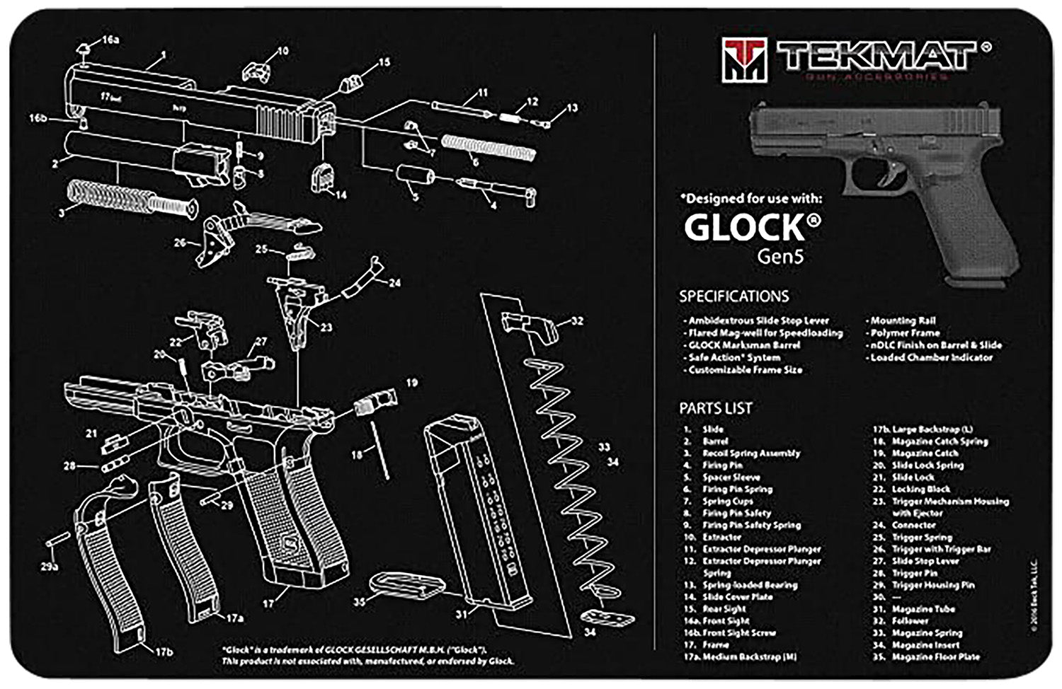 TekMat TEKR20GLOCK-G5 Glock Gen5 Cleaning and Maintenance Mat Multi-Color 15"x20"