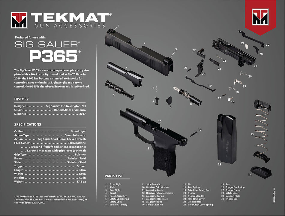 TekMat TEKR20SIGP365 Sig Sauer P365 Cleaning and Maintenance Mat Multi-Color 15"x20"