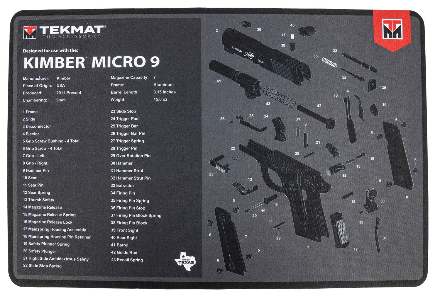 TekMat TEKR17KIMBERMCR9 Kimber Micro 9 Cleaning and Maintenance Mat Black/Gray 11"x17"
