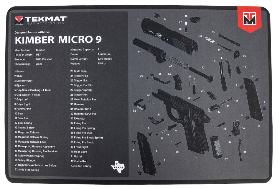 TekMat TEKR17KIMBERMCR9 Kimber Micro 9 Cleaning and Maintenance Mat Black/Gray 11"x17"