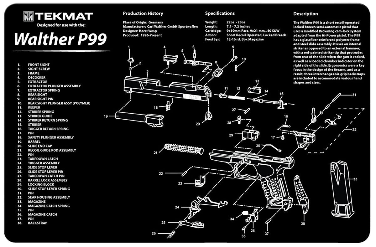 TekMat TEKR17WALP99 Walther P99 Cleaning and Maintenance Mat Black/White 11"x17"