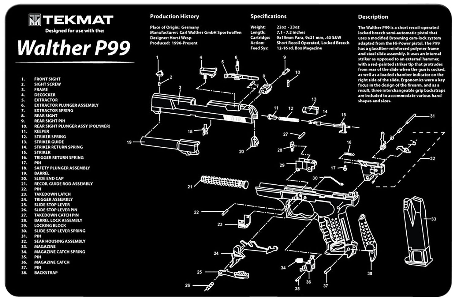 TekMat TEKR17WALP99 Walther P99 Cleaning and Maintenance Mat Black/White 11"x17"