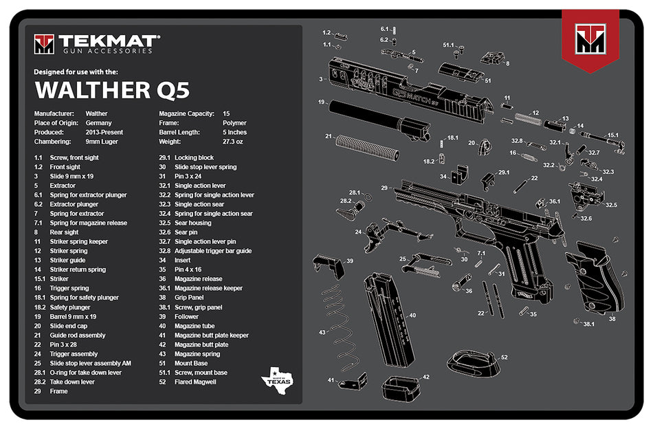 TekMat TEKR17WALQ5SF Walther Q5 SF Cleaning and Maintenance Mat Black/Gray 11"x17"