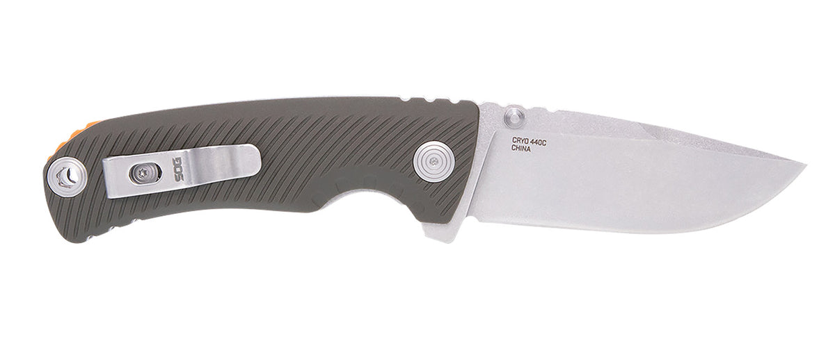 SOG SOG11060143 Tellus ATK 3.50" Folding Clip Point Stonewashed 440C SS Blade Olive Drab w/Orange Backspacer GRN Handle
