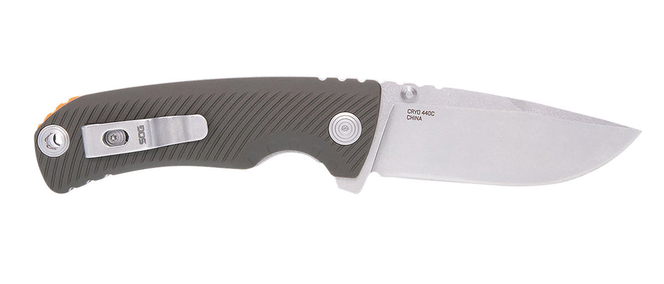 SOG SOG11060143 Tellus ATK 3.50" Folding Clip Point Stonewashed 440C SS Blade Olive Drab w/Orange Backspacer GRN Handle