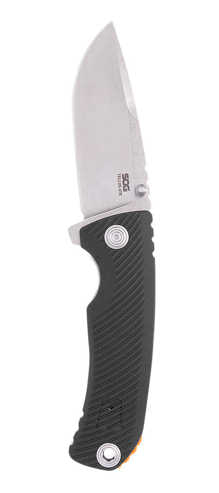 SOG SOG11060243 Tellus ATK 3.50" Folding Clip Point Stonewashed 440C SS Blade Black Textured w/Orange Backspacer GRN Handle