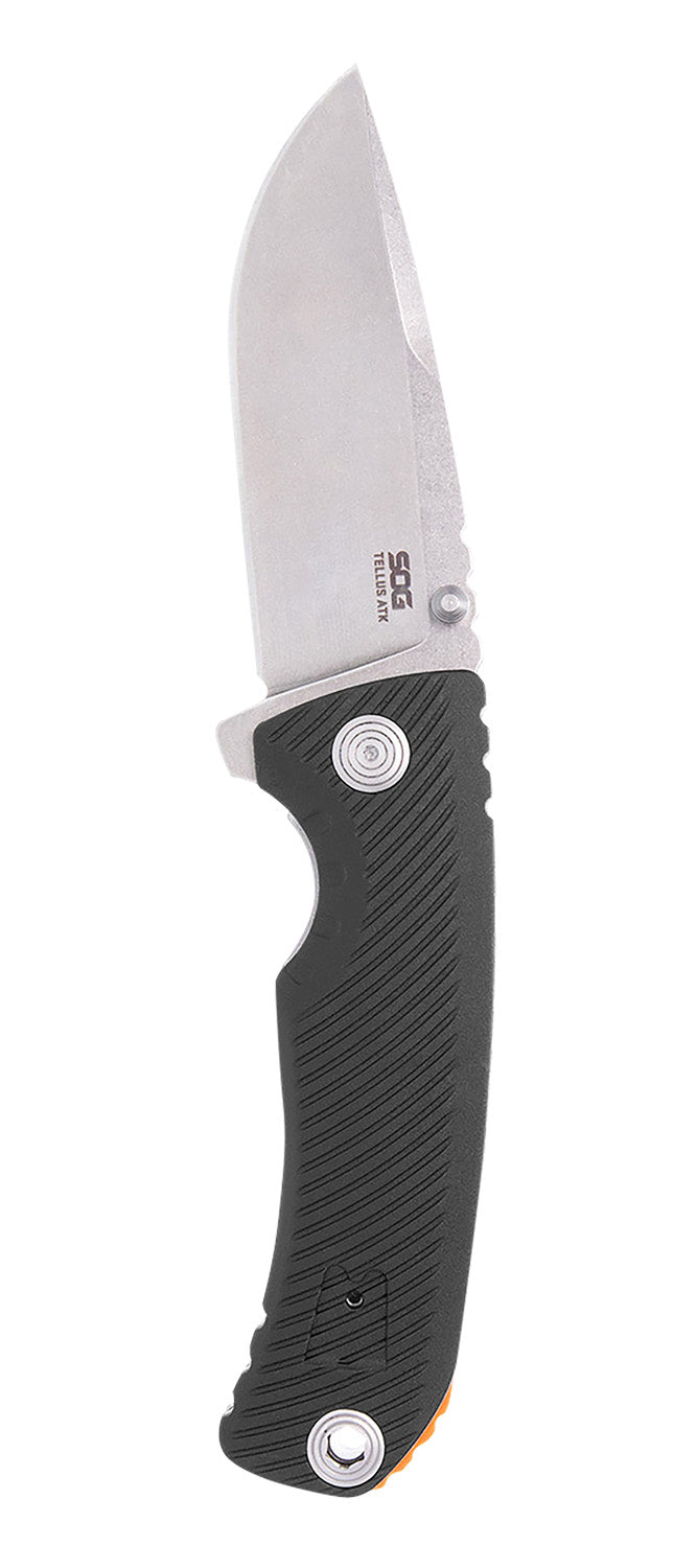 SOG SOG11060243 Tellus ATK 3.50" Folding Clip Point Stonewashed 440C SS Blade Black Textured w/Orange Backspacer GRN Handle