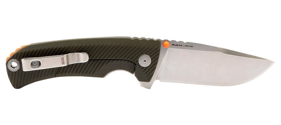 SOG SOG14060143 Tellus FLK 3.65" Clip Point Plain Stonewashed Cryo 440C Stainless Blade Olive Drab Textured GRN Handle