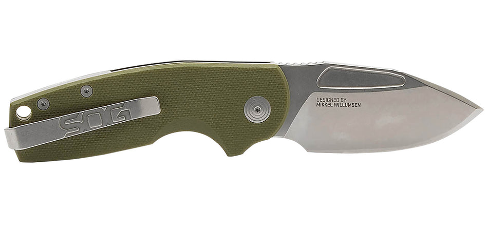 SOG SOG16030157 Stout SJ 2.60" Clip Point Stonewashed Cryo D2 Steel Blade Olive Drab Textured G10 Handle with Belt Clip