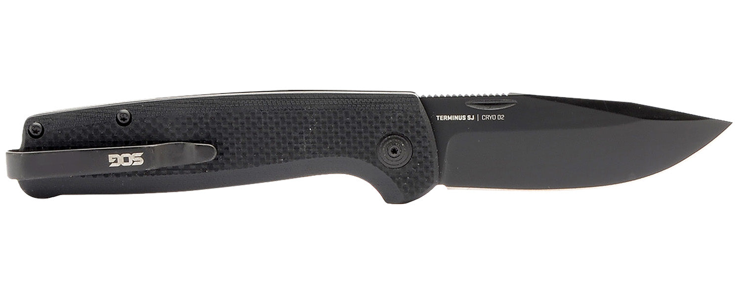 SOG SOGTM1005BX Terminus SJ 2.90" Clip Point Stonewashed Cryo D2 Steel Blade Blackout G10 Handle EDC Folding Knife