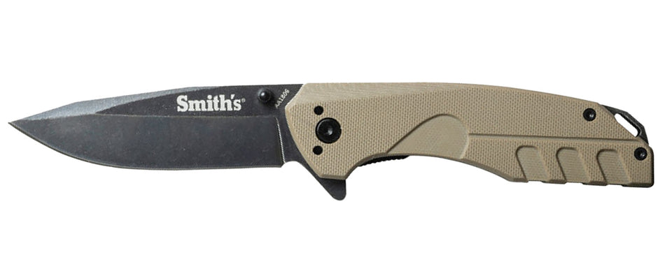 Smith's BattlePlan 50995 3.35" Folding Knife Black Stonewash Drop Point SS Blade Desert Tan G10 Handle with Clip