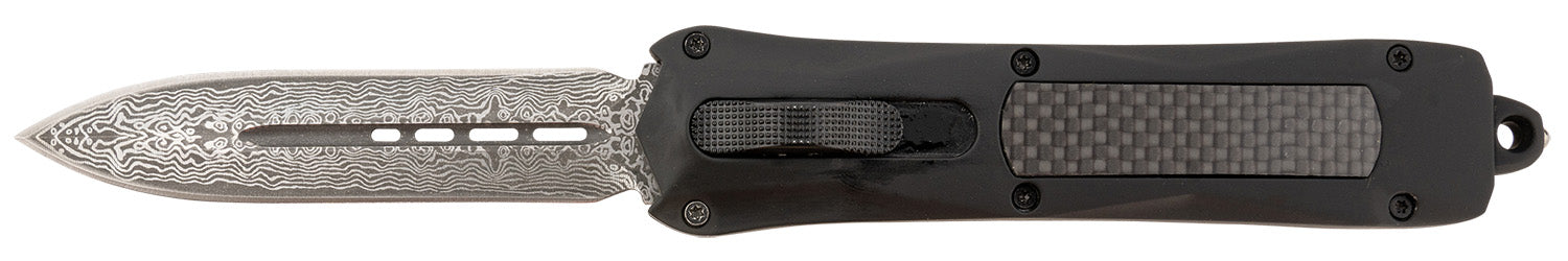 Steel River Knives Spartan A163BDD 3.50" Out-the-Front Dagger Damascus 440C SS Blade Black w/Carbon Fiber Inlay Aluminum Handle