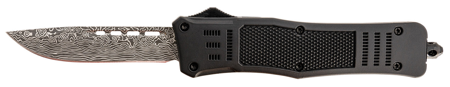 Steel River Knives Spartan Medium T618BDDP OTF 3.25" Drop Point Damascus Etched 440C Blade 4.50" Black Handle