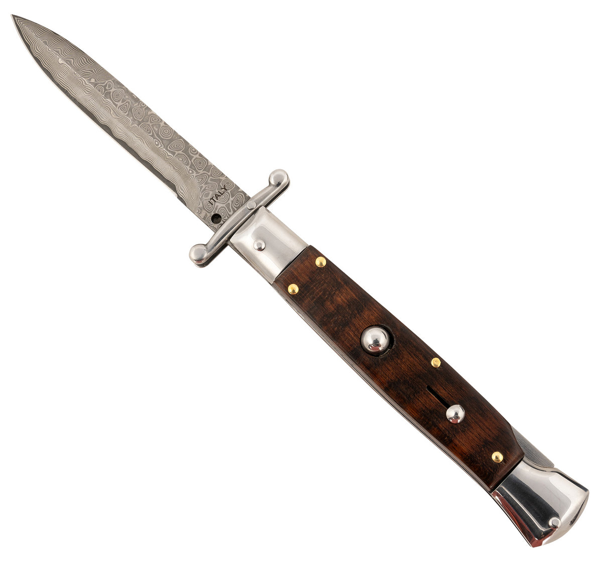 Steel River Knives Spartan SGSWRDAM Italian Bayonet 3.9" Damascus Blade Side-Open 5.1" Snakewood Buffalo Horn Handle